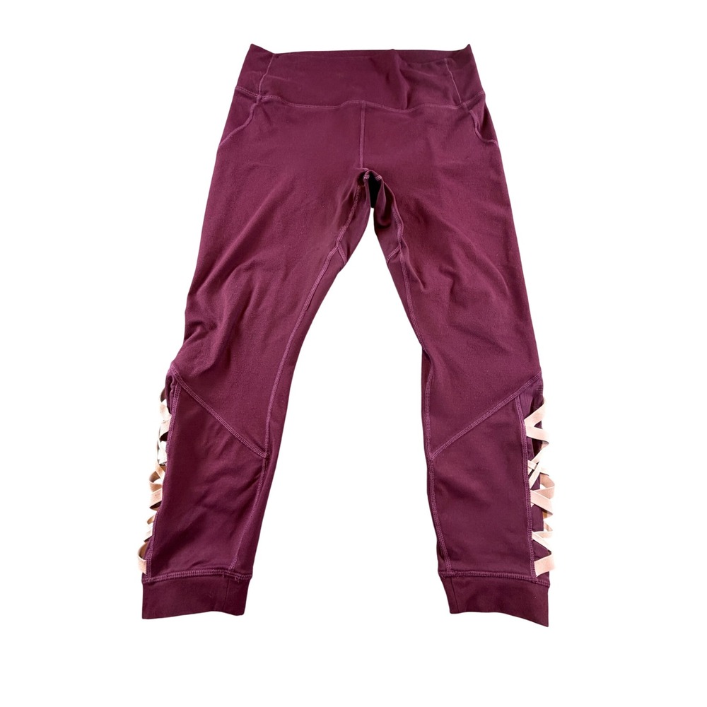 Fabletics Powerhold Leggings Burgundy Pink Lattice Strappy Crop LG1934394 Large